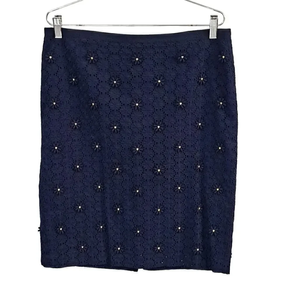 Talbots Navy Blue flower lace beaded pencil skirt size 10